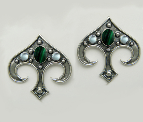 Sterling Silver Gothic Inspired Drop Dangle Earrings With Malachite And Blue Topaz